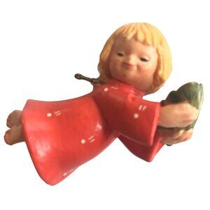 Vintage Anri Ferrandiz Blond Angel Red Dress Holding Leaf Tray Fruit Ornament